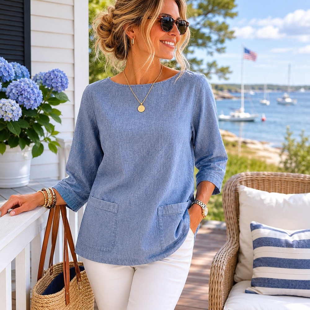 Vineyard Vines Chambray Tunic Top Patch Pockets Blue Women's XS Coastal Prep